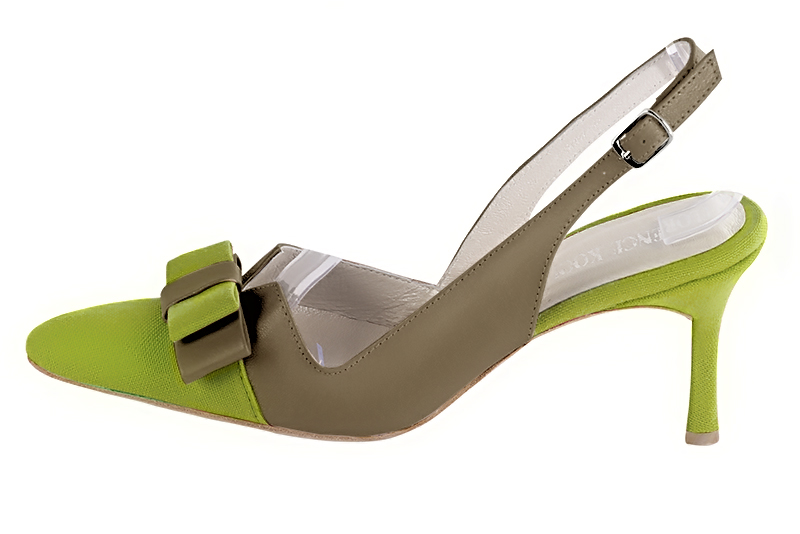 Grass green and taupe brown women's open back shoes, with a knot. Tapered toe. High slim heel. Profile view - Florence KOOIJMAN